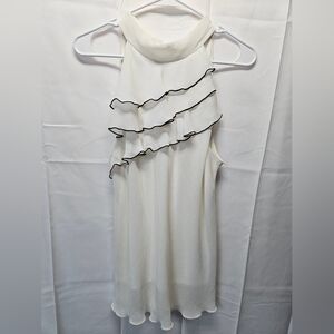 AGB Cream Chiffon Lined Halter Top With Tieted Ruffle And Black Trim NWOT, Sz L